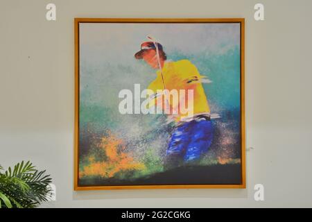 Abstract golf player from splash of watercolors.  paints. Stock Photo