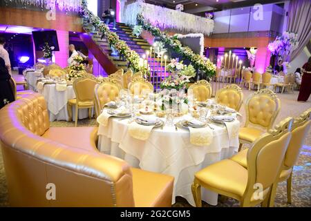 Moroccan Table setting at a luxury wedding reception Stock Photo