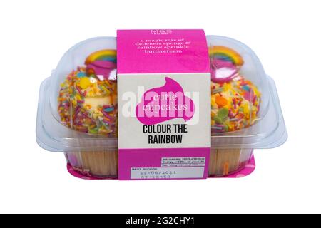 Pack of cutie cupcakes colour the rainbow from M&S isolated on white background Stock Photo