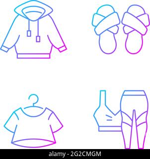Pajamas for home gradient linear vector icons set. Hoodied shirt. Cross band slippers. Crop top. Trendy sportswear. Thin line contour symbols bundle. Stock Vector