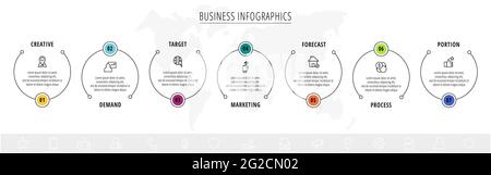 Minimal infographics with seven line circles elements. Vector modern visualization of 7 step by step timeline concept. Template for diagram, business Stock Vector