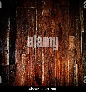 Wood floor distressed grunge in 12x12 background.  Scratched and damaged with a vignette makes this a dramatic backdrop. Stock Photo