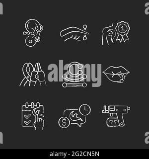 Tattoo and piercing creation chalk white icons set on dark background Stock Vector