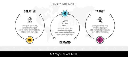 Minimal infographics with three line circles elements. Vector modern visualization of 3 step by step timeline concept. Template for diagram, business Stock Vector