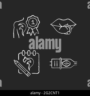 Tattoo and piercing salon chalk white icons set on dark background Stock Vector