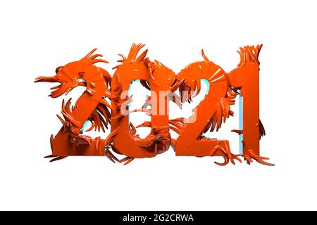 Happiness for the New Year 2021 lettering made by red glossy plastic or metal. The surface is covered with sharp spikes Isolated on white background Stock Photo