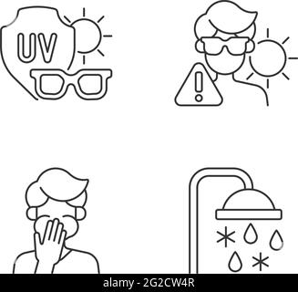 UV rays exposure risk linear icons set Stock Vector