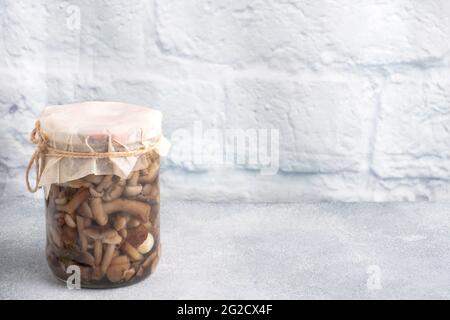 Preservation of vegetables in banks. Fermentation products. Harvesting mushrooms for the winter. Copy space Stock Photo