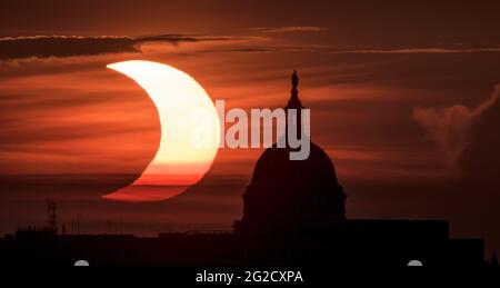 Arlington, United States. 10th June, 2021. A partial solar eclipse is seen from Arlington, Virginia, Thursday, June 10, 2021. The annular or "ring of fire" solar eclipse is only visible to some people in Greenland, Northern Russia, and Canada. Photo by Bill Ingalls/NASA/UPI Credit: UPI/Ģ����ý Live News Stock Photo