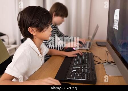 Boys using computers at home Stock Photo