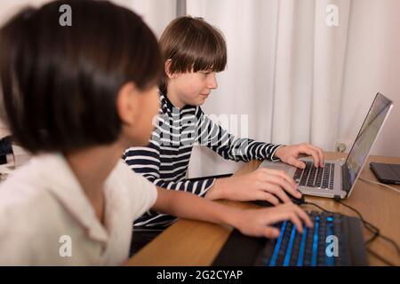 Boys using computers at home Stock Photo