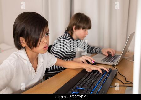 Boys using computers at home Stock Photo