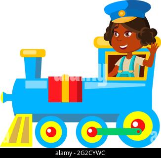 indian girl playing captain and driving train transport cartoon vector Stock Vector