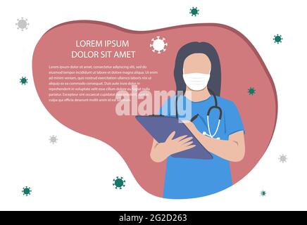Flat vector illustration of nurse, wearing a white mask and stethoscope with writing pad. Cartoon poster about virus, covid-19, coronavirus Stock Vector