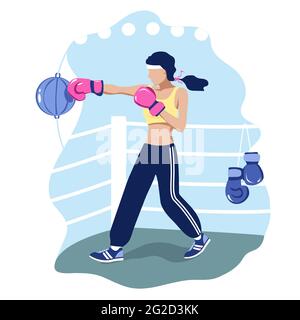 Young woman in pink boxing gloves trains in the ring. Illustration of female boxing, sports, and healthy lifestyle. Vector illustration. Stock Vector