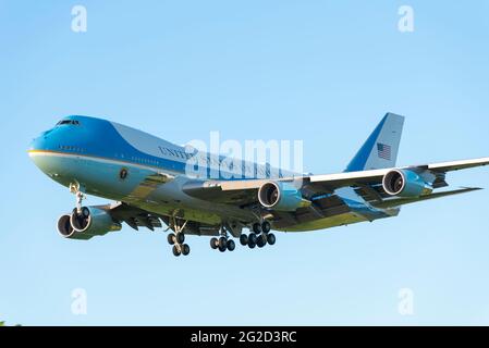 US President Joe Biden arriving at RAF Mildenhall, Suffolk, UK, in Air Force One USAF Boeing VC-25A jet plane. Presidential airplane flying approach Stock Photo