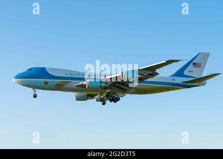 US President Joe Biden arriving at RAF Mildenhall, Suffolk, UK, in Air Force One USAF Boeing VC-25A jet plane. Presidential airplane flying approach Stock Photo