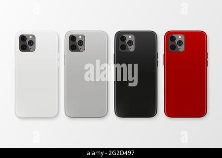 Vector 3d Realistic White, Gray, Black, Red Blank Phone Case Design Template. Back Cover for Smartphone Set Isolated on White Background. Case for Stock Vector