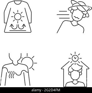 Sunstroke risk during summer linear icons set Stock Vector