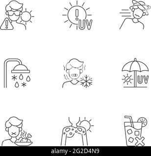 Heatstroke risk during summer linear icons set Stock Vector