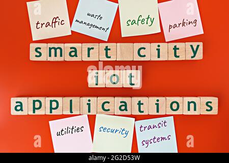 smart city IoT(internet of things) applications model. wooden cubes with the words "smart city IoT applications", and sticky notes, on red background Stock Photo