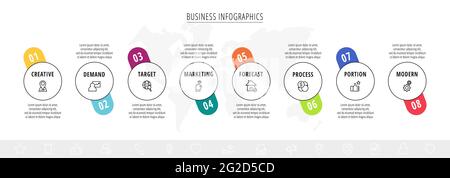Line vector infographics with eight circles. Modern concept 8 icons with labels step by step for the app, business, website, interface, chart, levels Stock Vector