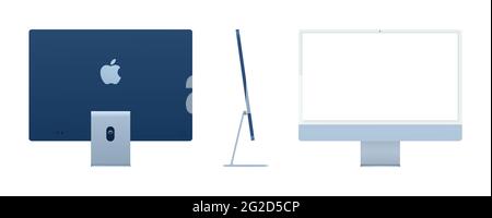 Vinnytsia, Ukraine - June 10, 2021: New iMac 2021 computer. Front, side and back view. Apple computer in blue color. Editorial vector Stock Vector