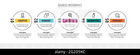 Line vector infographics with five circles and icons. Template with 5 steps for diagram, web, banner, presentations, flowchart, content, levels, chart Stock Vector