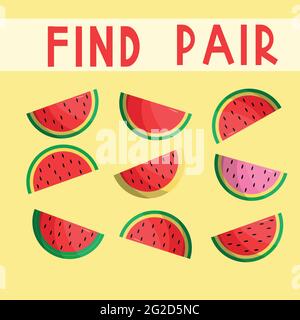 Developing activity for children, find a pair among identical pieces of watermelon. Logic game for children. Stock Vector