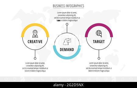 Line vector infographics with three circles and icons. Template with 3 steps for diagram, web, banner, presentations, flowchart, content, levels Stock Vector