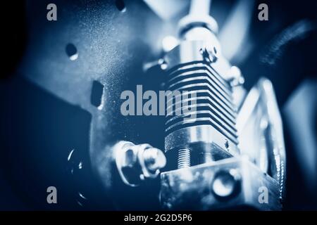 Modern 3D Printer Close-up Macro. Creative Abstract New Technologies Concept. Stock Photo