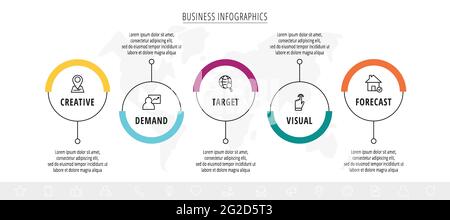 Line vector infographics with five circles and icons. Template with 5 steps for diagram, web, banner, presentations, flowchart, content, levels, chart Stock Vector