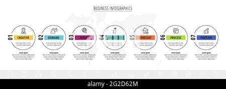 Line vector infographics with seven circles and icons. Template with 7 steps for diagram, web, banner, presentations, flowchart, content, levels Stock Vector