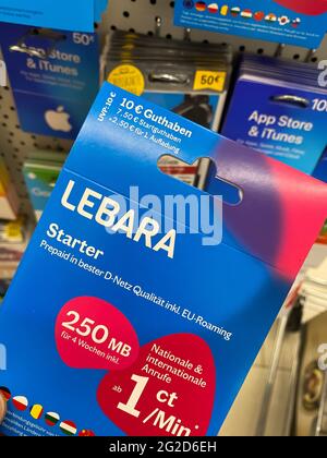 Viersen, Germany - May 9. 2021: Closeup of lebara prepaid card voucher in german supermarket Stock Photo