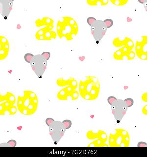 Seamless New Year's pattern of 2020. Cute mouse with numbers 20 made of cheese isolated on a white background. Surprised character rat is a symbol of Stock Vector