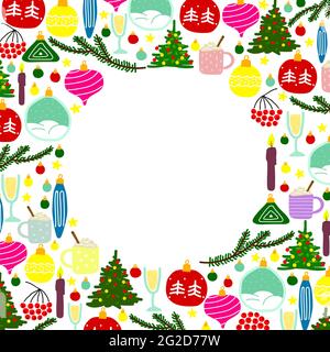 New Year illustration with place for text. Set of colored Christmas balls, trees, stars, branches, candles, berries, champagne, prosecco, eggnog, snow Stock Vector