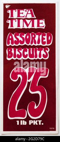 Vintage 1960s Shop Advertising Food Price Card - Tea Time Assorted Biscuits Stock Photo