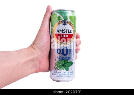 Tyumen, Russia-May 25, 2021: Amstel beer can isolated on white, non-alcoholic with lime and mint Stock Photo