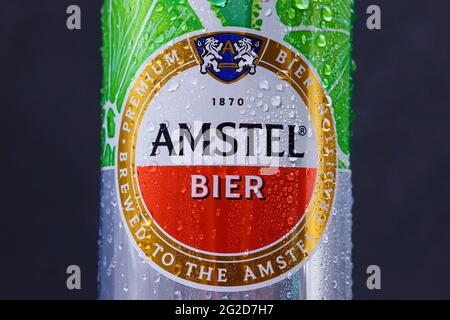 Tyumen, Russia-May 25, 2021: Amstel beer can non-alcoholic with lime and mint. Stock Photo