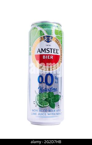 Tyumen, Russia-May 25, 2021: Amstel beer can non-alcoholic with lime and mint. Isolated on a white background Stock Photo