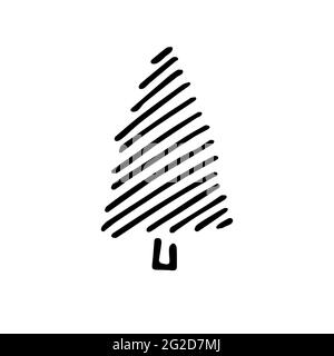 Vector cozy doodle Christmas tree. Hand drawn fir-tree isolated on white background. Outline Scandinavian striped tree. Happy New Year, Merry Christma Stock Vector