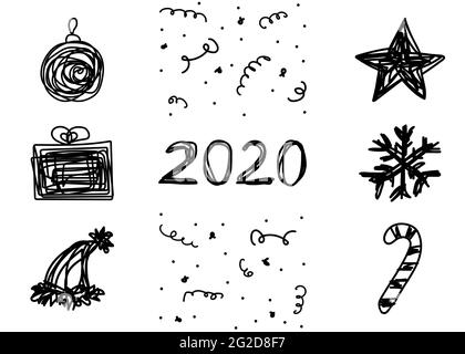 Christmas set star, gift, ball, candy, snowflake, Santa hat on a white background. Hand-drawn tangled black line of Christmas decorations. Symbols of Stock Vector