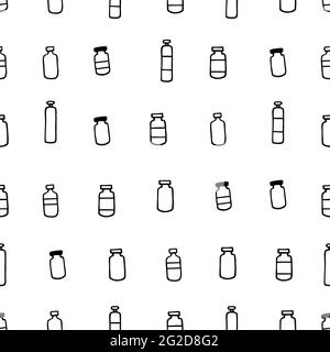 Seamless pharmaceutical pattern. Outline black medicine bottles isolated on white background. Packages with Medicines, vaccines, vitamins, antibiotics Stock Vector