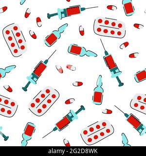 Seamless Cartoon Medical Vaccination pattern. Syringe, ampoule, tablets, pills on white background. Cute vaccine, drug therapy, treatment, antibiotics Stock Vector