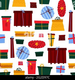 Seamless Christmas gifts pattern. Color scandinavian style presents isolated on white background. New Year greeting collection. Decorated boxes with r Stock Vector