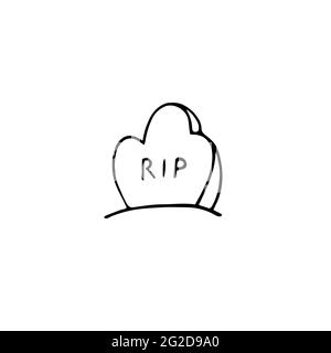 Vector doodle tomb with lettering RIP. Outline grave isolated on white background. Headstone on the graveyard. Cartoon cemetery landscape. Symbol of H Stock Vector