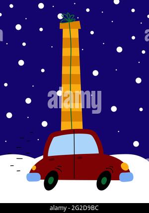 Festive Christmas card. Red car with gift on a winter landscape background. New Year holiday banner. Striped box on the roof of the car concept. Fast Stock Vector