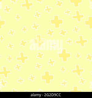 Seamless medical light pattern. White Outline crosses isolated on a yellow background. Vector picture with pharmaceutical hand-drawn elements. Illustr Stock Vector