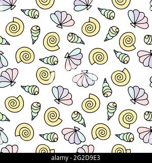 Seashells seamless vector drawing pattern. Cartoon pastel sea snails isolated on white background. Random shells aquatic Illustration for wallpaper, w Stock Vector