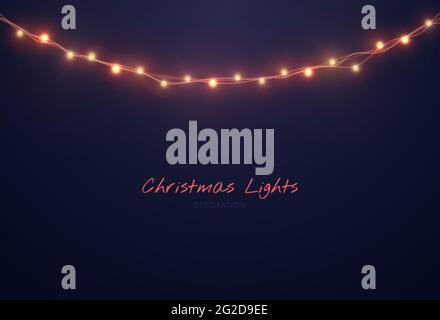 Christmas lights isolated on black background. Bright Xmas garland. Vector glow light bulbs on wire strings. Stock Vector